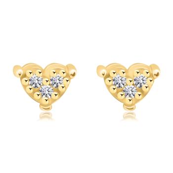 Zlaté náušnice 14K v tvare srdca s tromi zirkónmi