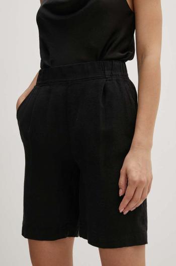 Lněné kraťasy Sisley černá barva, hladké, high waist, 41I4L901F