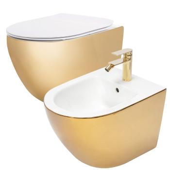 REA/S Sada: WC Závěsná mísa CARLO Flat + Závěsný Bidet CARLO MINI Zlatá-bílá KPL-C2288