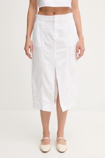 Sukňa s prímesou ľanu Calvin Klein Jeans biela farba, midi, rovný strih, J20J225327