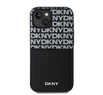 DKNY PU Leather Repeat Pattern iPhone 15 tok kártyatartóval, fekete