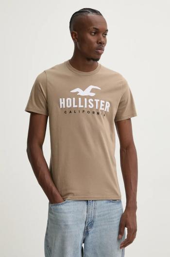 Bavlněné tričko Hollister Co. hnědá barva, s aplikací, KI323-4290