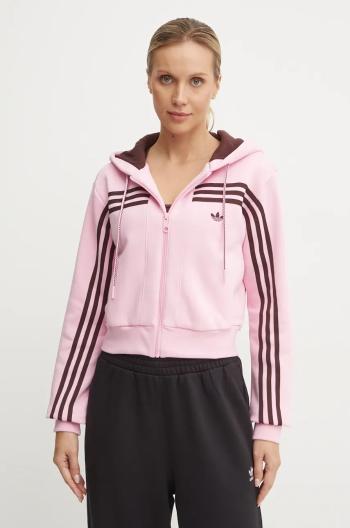 Mikina adidas Originals 70s Short Fullzip Fleece Hoodie dámská, růžová barva, s kapucí, s aplikací, JN7665