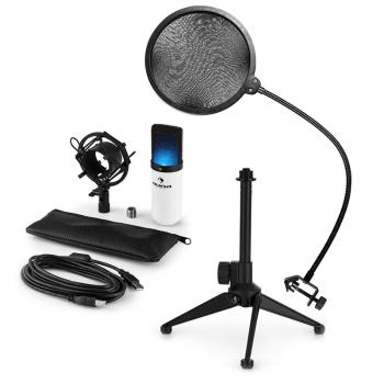 Auna MIC-900WH-LED V2, USB mikrofonní sada, bílý kondenzátorový mikrofon + pop-filter + stolní stativ