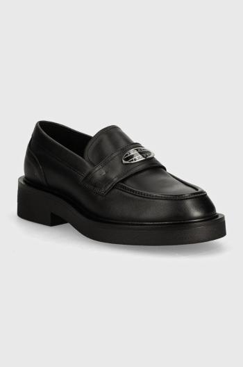 Kožené mokasíny Tommy Jeans TJW FLAT LOAFER dámské, černá barva, na plochém podpatku, EN0EN02557