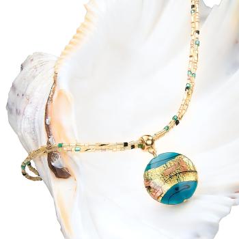 Lampglas Tajemný dámský náhrdelník Turquoise Gold s perlou Lampglas s 24karátovým zlatem NP24
