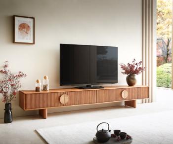 TV stolek Surimu 240 cm akácie světle hnědá 4 dvířka korkové