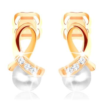 Náušnice v žltom 14K zlate - lesklá slučka vykladaná zirkónikmi, guľatá perlička