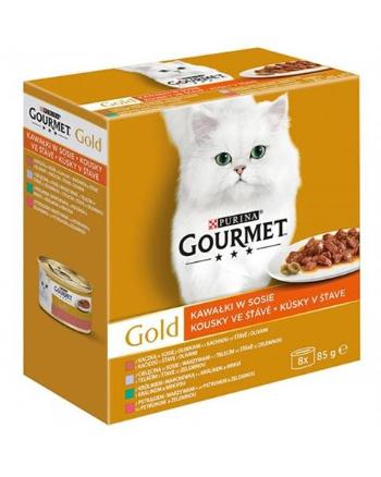Gourmet Gold kačica s olivami teľacim so zeleninou pstruh so zeleninou králik s mrkvou v šťave 8 x 85 g