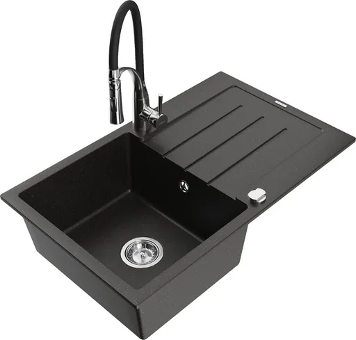 MEXEN/S Bruno granitový dřez s odkapávačem včetně baterie Aster, černá/zlatá metalik 6513-75-73450-07