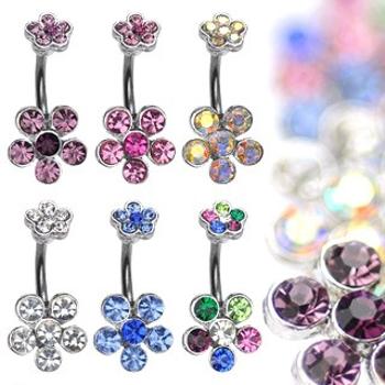 Piercing do bruška z ocele s farebnými zirkónovými kvetmi - Farba zirkónu: Číra - C