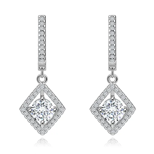 Stříbrné náušnice 925, kulatý čirý zirkon v obrysu kosočtverce