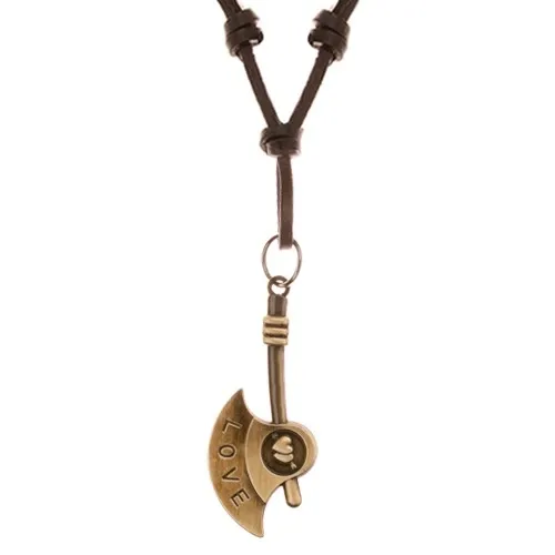 Náhrdelník ze syntetické kůže s přívěskem - patinovaná sekera, nápis LOVE