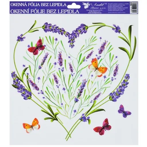 Okenní fólie 30x30 cm, levandule srdce s motýly
