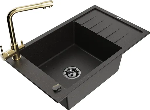 MEXEN/S Elias granitový dřez 1-miska včetně baterie Duero, černá/zlatá metalik 6511-75-671600-50-B