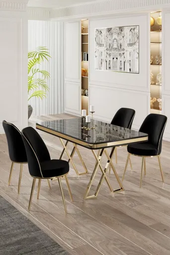 Dining Table & Chairs Set (5 Pieces) Vals - Black Marble, Gold, Black
