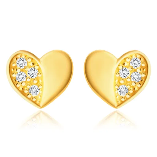 Diamantové náušnice ze žlutého 585 zlata - srdíčko s lesklou a briliantovou polovinou