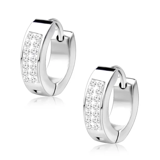 Náušnice z oceli stříbrné barvy, obdélník s čirými zirkony, kloubové zapínání