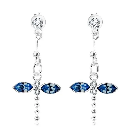 Stříbrné 925 náušnice, visící vážka, modré a čiré krystaly Swarovski