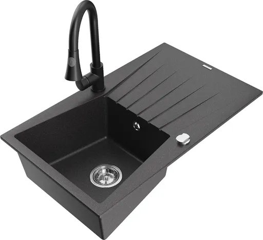 MEXEN/S Cesar granitový dřez 1 s odkapávačem včetně baterie Elia, černá kropenatá 6514-76-670101-70