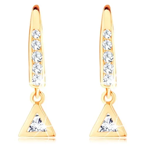 Náušnice ve žlutém 14K zlatě - háček vykládaný zirkony, trojúhelník s čirým středem