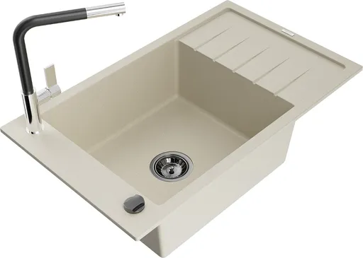 MEXEN/S Elias granitový dřez 1 s odkapávačem včetně baterie Flora, béžová 6511-69-670401-07