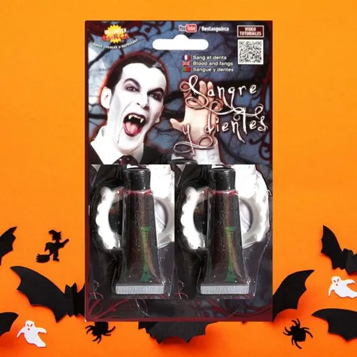 Upíří zuby s umělou krví 30 ml - upír - vampír - drakula - Halloween - 2 ks - GUIRCA