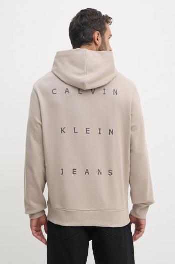 Bavlněná mikina Calvin Klein Jeans pánská, béžová barva, s kapucí, s potiskem, J30J327318