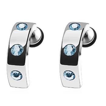 Oceľový fake plug do ucha - pruh, svetlomodré zirkóny