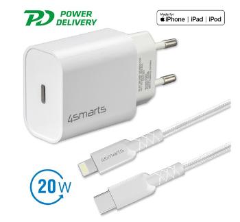 4smarts hálózati gyorstöltő adapter USB-C QC 3.0 + 1.5m Lightning kábel, MFi tanúsítvánnyal, 20W, fehér