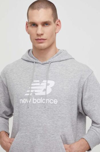 Mikina New Balance MT41501AG pánská, šedá barva, s kapucí, s potiskem