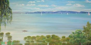 Balaton Alsóörsről Tihany látképével - olaj tájkép 100x50 cm
