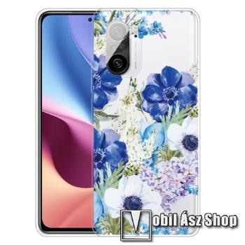 Szilikon védő tok / hátlap - KÉK / FEHÉR VIRÁG MINTÁS - ÁTLÁTSZÓ - Xiaomi Redmi K40 / Redmi K40 Pro / Redmi K40 Pro Plus / Mi 11i / Mi 11X / Mi 11X Pro / Poco F3