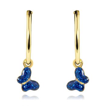 Zlaté náušnice 14K v tvare kruhov s modrým motýľom