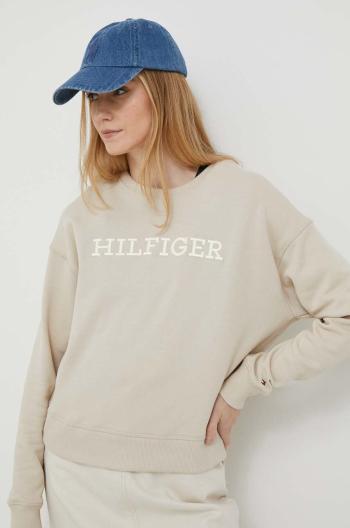 Bavlněná mikina Tommy Hilfiger dámská, béžová barva, s aplikací