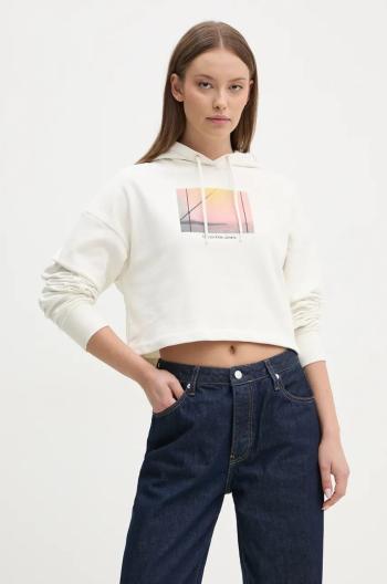 Bavlněná mikina Calvin Klein Jeans dámská, béžová barva, s kapucí, s potiskem, J20J224168