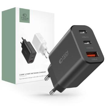 Tech-Protect 3-port sieťová nabíjačka USB / 2x USB-C 30W PD QC, čierna