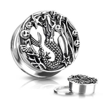 Oceľový plug do ucha s patinou - morská panna, hviezdice, mušle  - Hrúbka: 22 mm