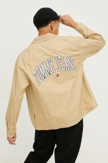 Bavlněná košile Tommy Jeans béžová barva, relaxed, s klasickým límcem, DM0DM18887