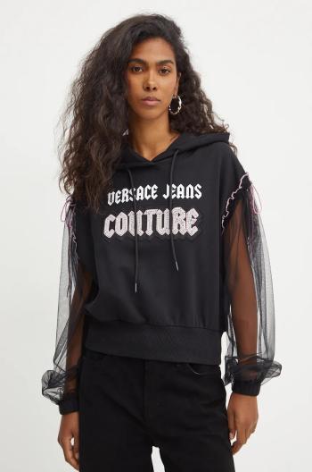 Bavlněná mikina Versace Jeans Couture dámská, černá barva, s kapucí, s potiskem, 77HAIC01 CF00C