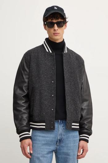 Vlněná bomber bunda Tommy Hilfiger černá barva, přechodná, oversize, MW0MW37030