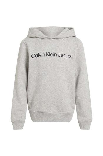 Dětská bavlněná mikina Calvin Klein Jeans šedá barva, s kapucí, s potiskem, IU0IU00601