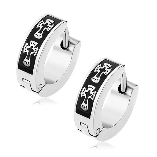 Lesklé ocelové náušnice stříbrné barvy, černý pás, křížky