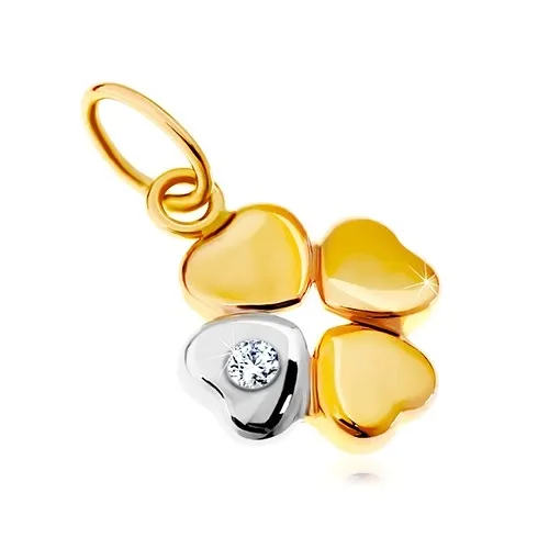 Přívěsek ve 14K zlatě - dvoubarevný čtyřlístek pro štěstí, čirý zirkon