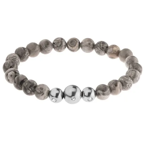 Pružný náramek - kuličky ze šedého jaspisu, tři ocelové korálky, gumička