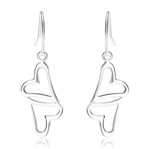 Náušnice, stříbro 925, obrysy propojených srdcí, africké háčky