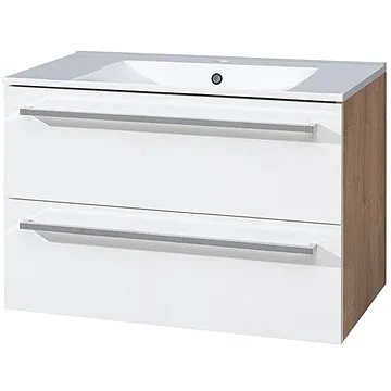 Bino koupelnová skříňka s keramickým umyvadlem 80 cm,bílá/dub, 2 zásuvky (CN671)