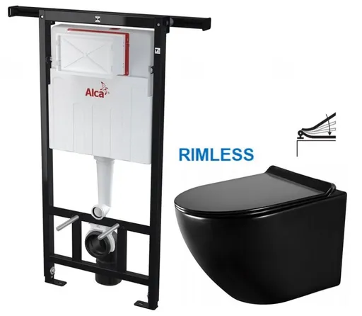 Předstěnový instalační systém bez tlačítka + WC MEXEN LENA ČERNÁ Rimless + SEDÁTKO AM102/1120 X ME01