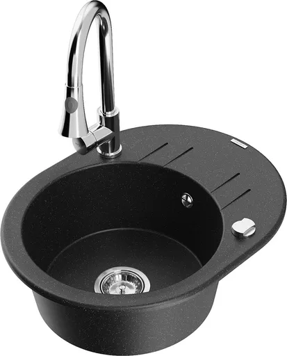 MEXEN/S Kevin granitový dřez 1 s odkapávačem včetně baterie Elia, černá/stříbrná metalik 6517-73-670101-00