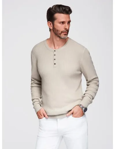 Pánský pruhovaný svetr s knoflíky u výstřihu – béžový V3 OM-SWSW-0182